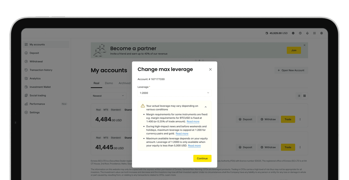 Change the maximum trading leverage in your BidHobital Personal Area.